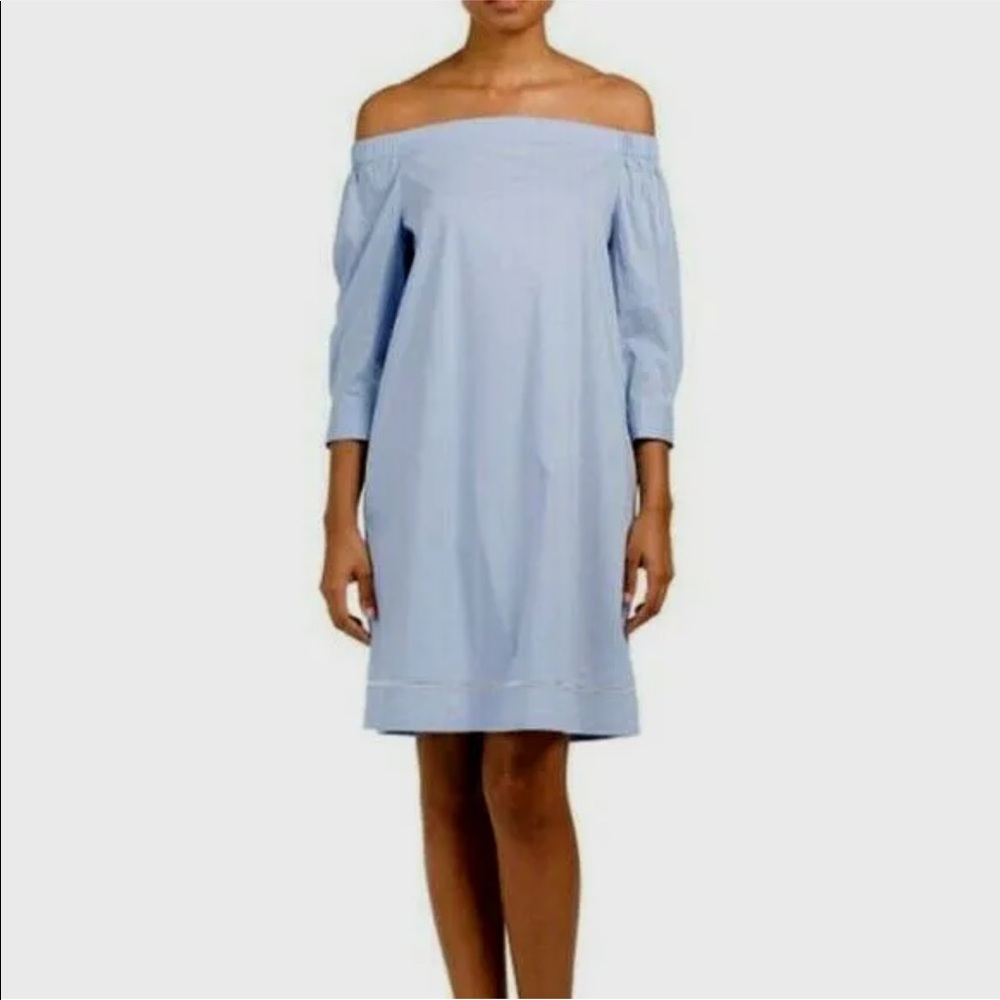 Theory NWOT $315 Zizinna Off Shoulder Dress Poplin Chambray Blue 3/4 Sle…